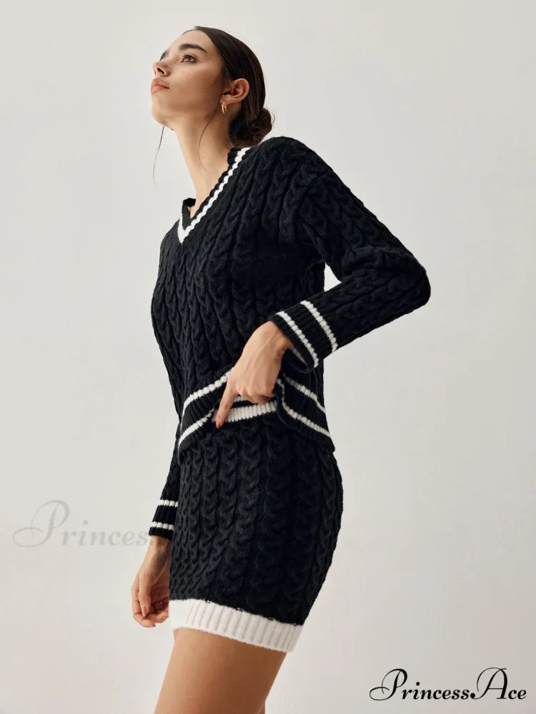 Contrast Trim Cable Knit Modern Sweater With Matching Skirt - Image 4