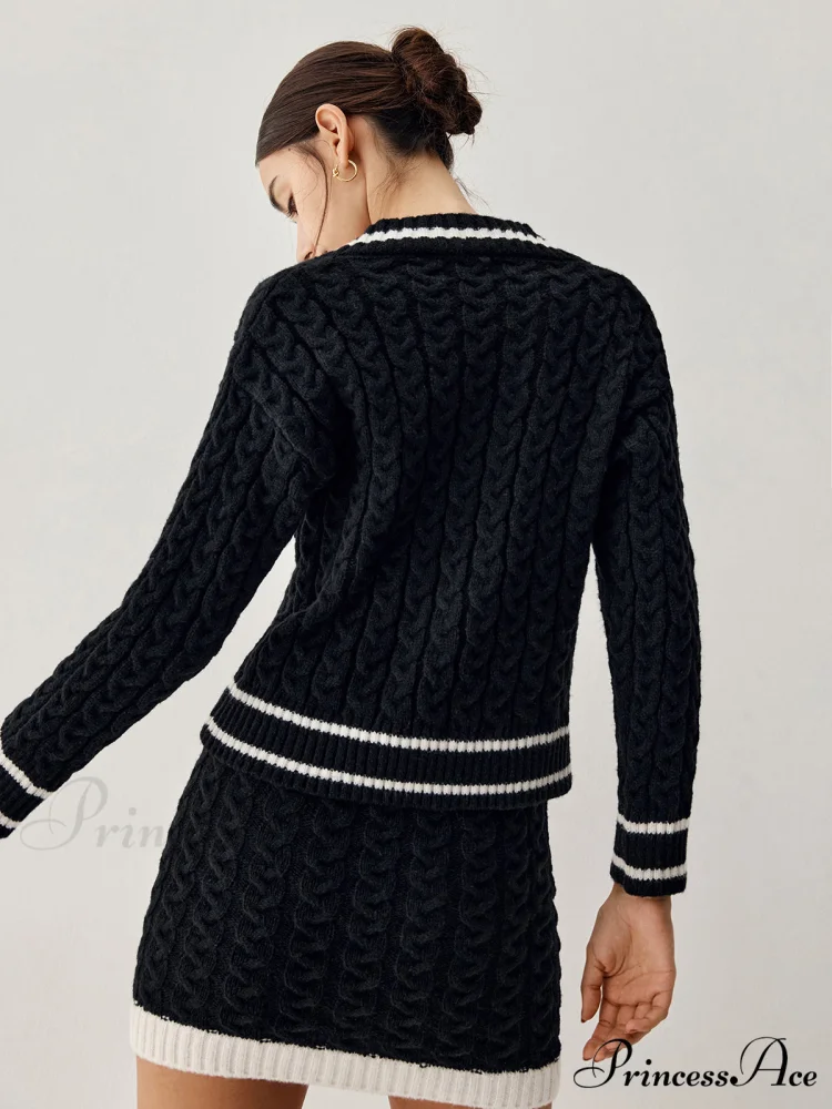 Contrast Trim Cable Knit Modern Sweater With Matching Skirt - Image 5