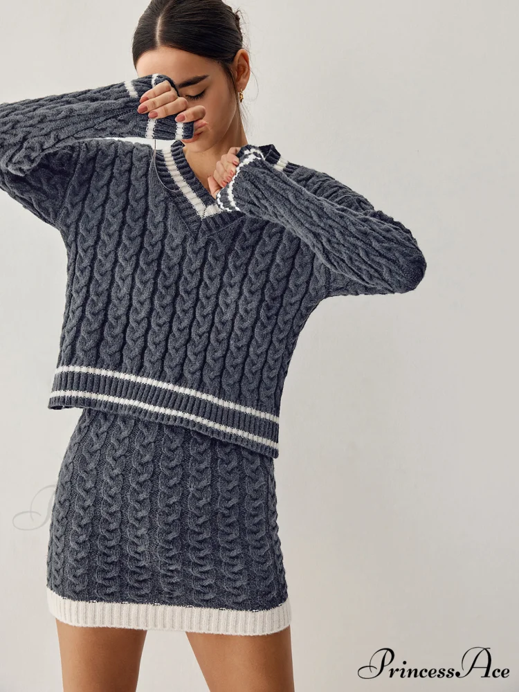 Contrast Trim Cable Knit Modern Sweater With Matching Skirt - Image 6