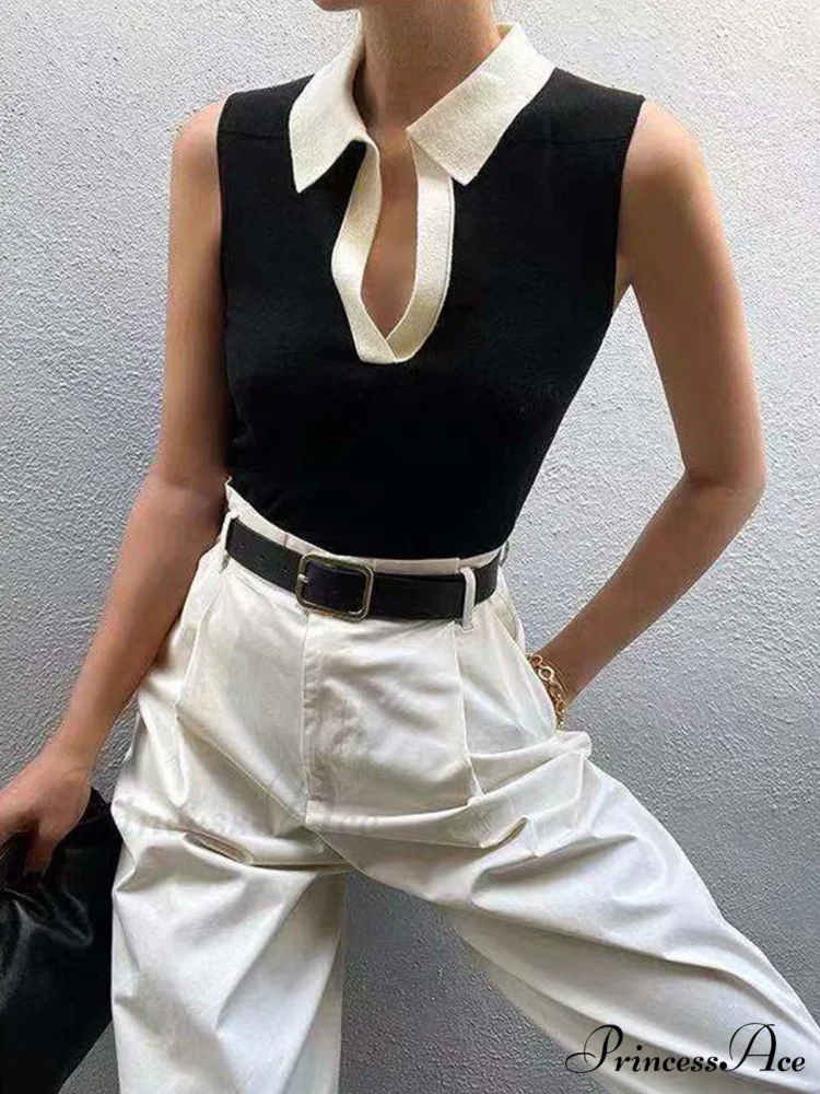 Contrast Trim Collar Trendy V-neck Knit Sweater Vest - Image 2