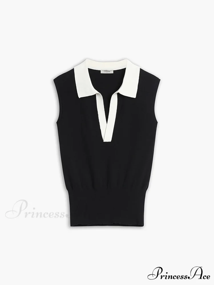 Contrast Trim Collar Trendy V-neck Knit Sweater Vest - Image 3