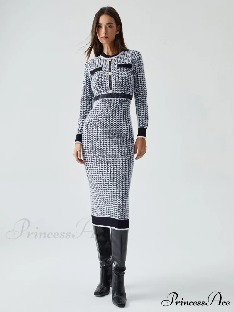 Contrast Trim Herringbone Trendy Bodycon Sweater Midi Dress - Image 3