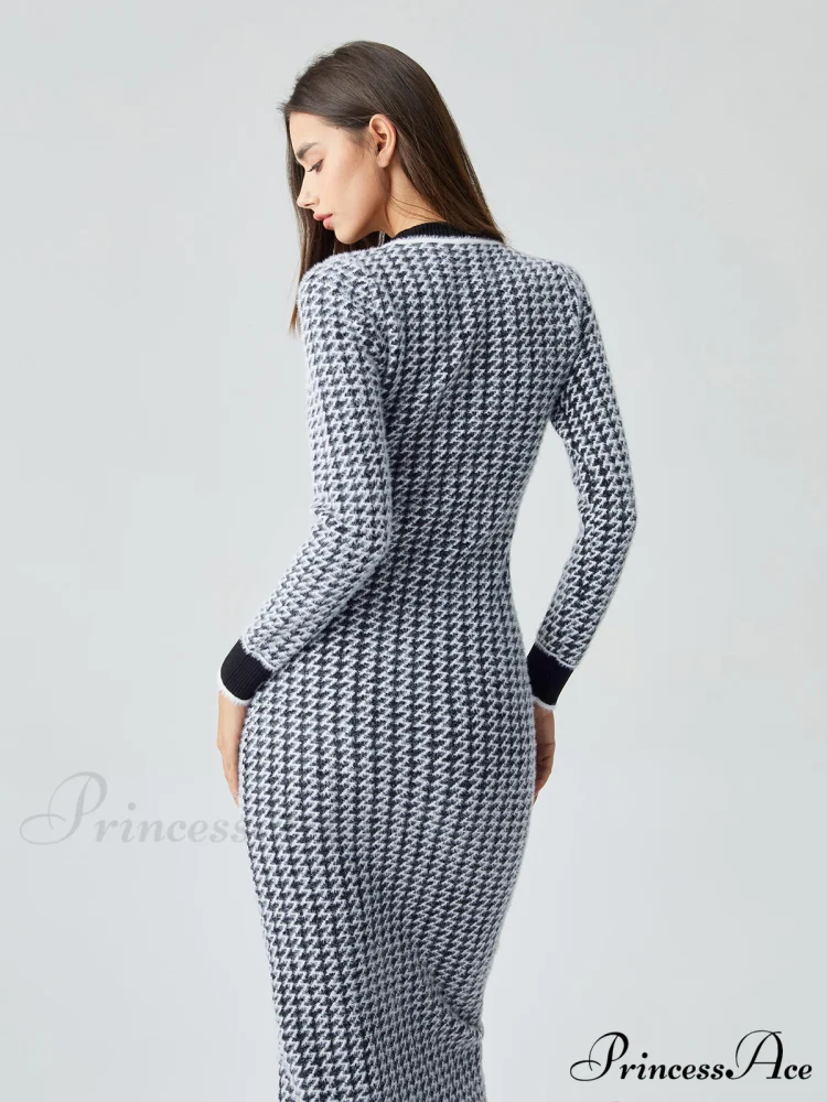Contrast Trim Herringbone Trendy Bodycon Sweater Midi Dress - Image 4
