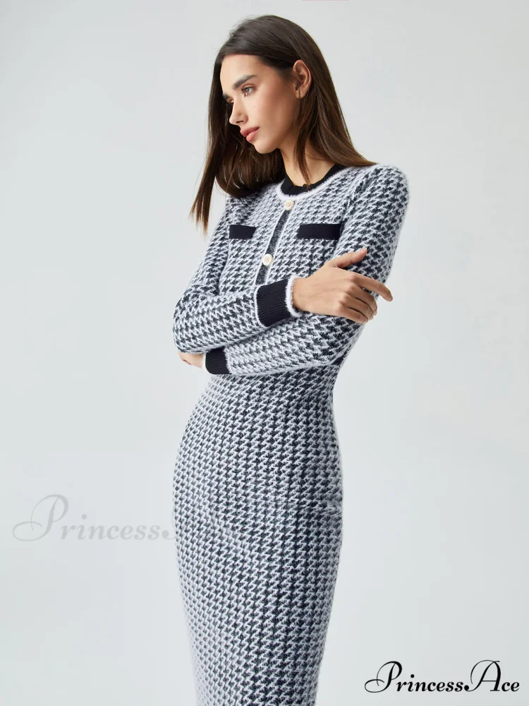 Contrast Trim Herringbone Trendy Bodycon Sweater Midi Dress - Image 5