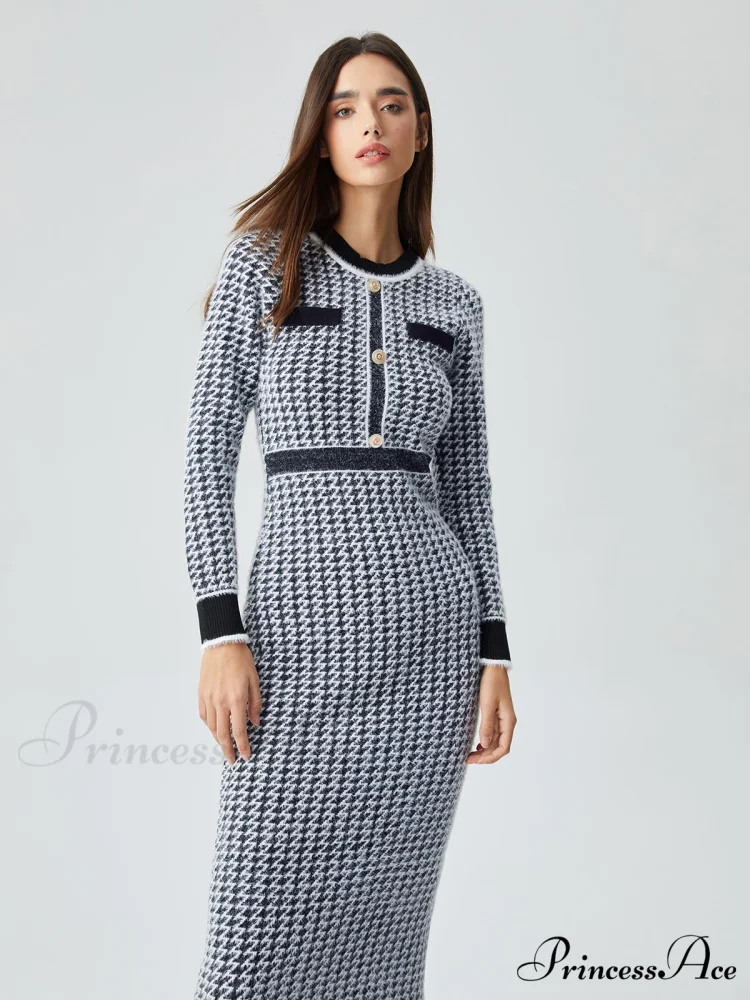 Contrast Trim Herringbone Trendy Bodycon Sweater Midi Dress - Image 6