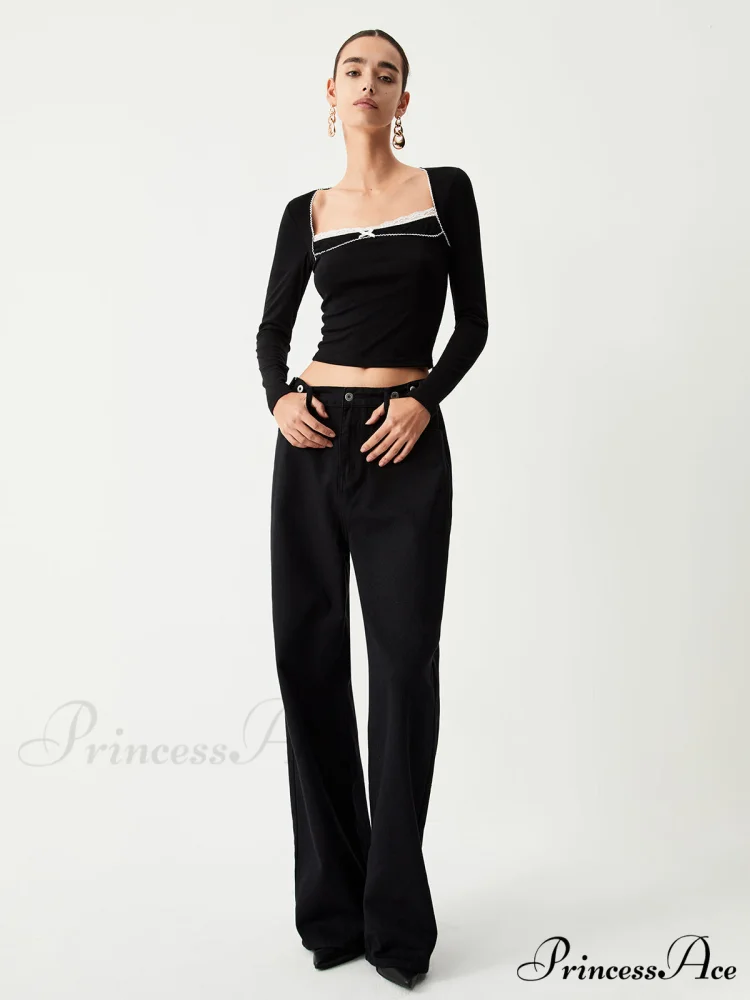 Contrast Trim Lace Trendy Long Sleeve Crop Top - Image 2