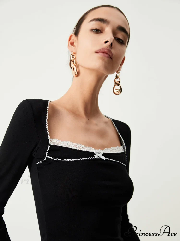Contrast Trim Lace Trendy Long Sleeve Crop Top - Image 3