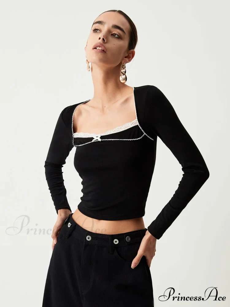 Contrast Trim Lace Trendy Long Sleeve Crop Top - Image 4