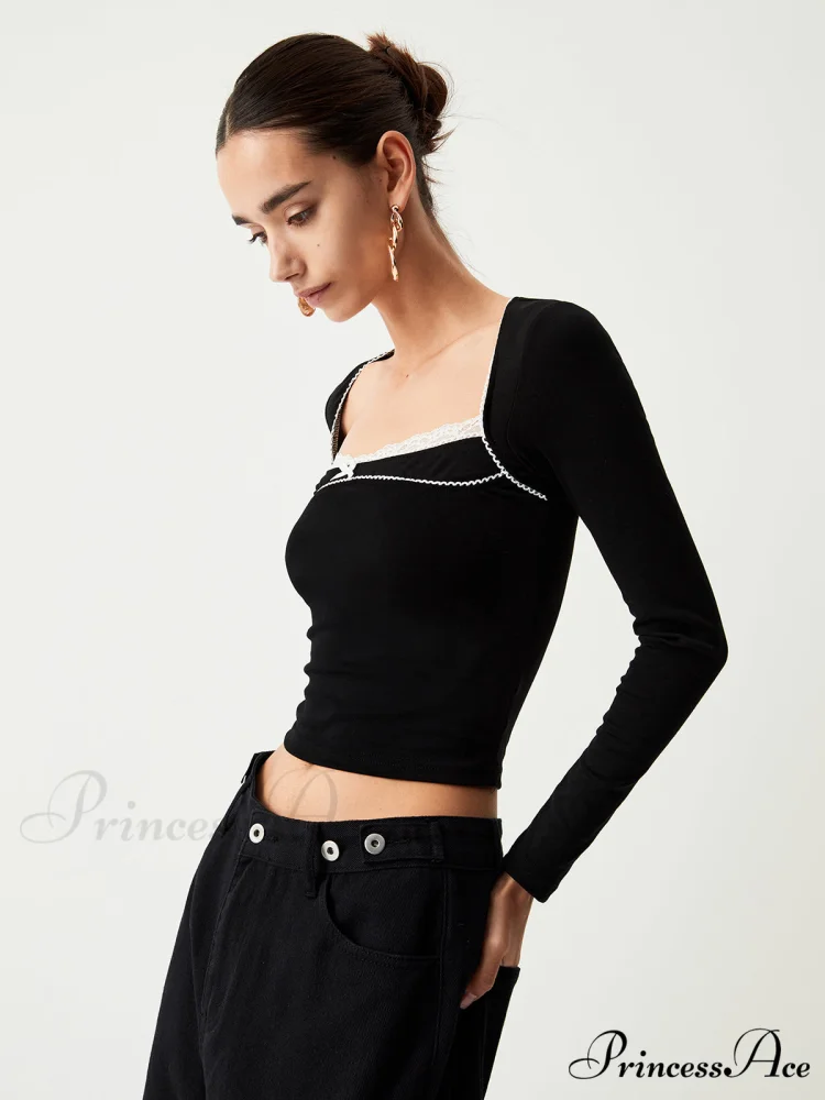 Contrast Trim Lace Trendy Long Sleeve Crop Top - Image 5