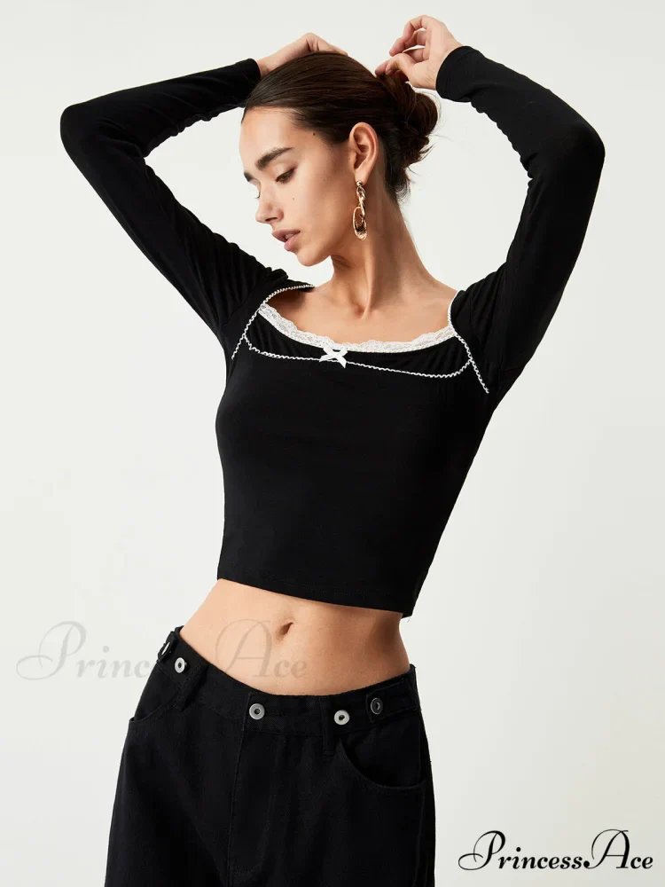 Contrast Trim Lace Trendy Long Sleeve Crop Top - Image 6