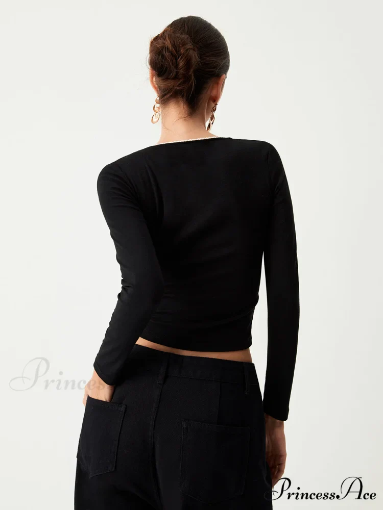 Contrast Trim Lace Trendy Long Sleeve Crop Top - Image 7