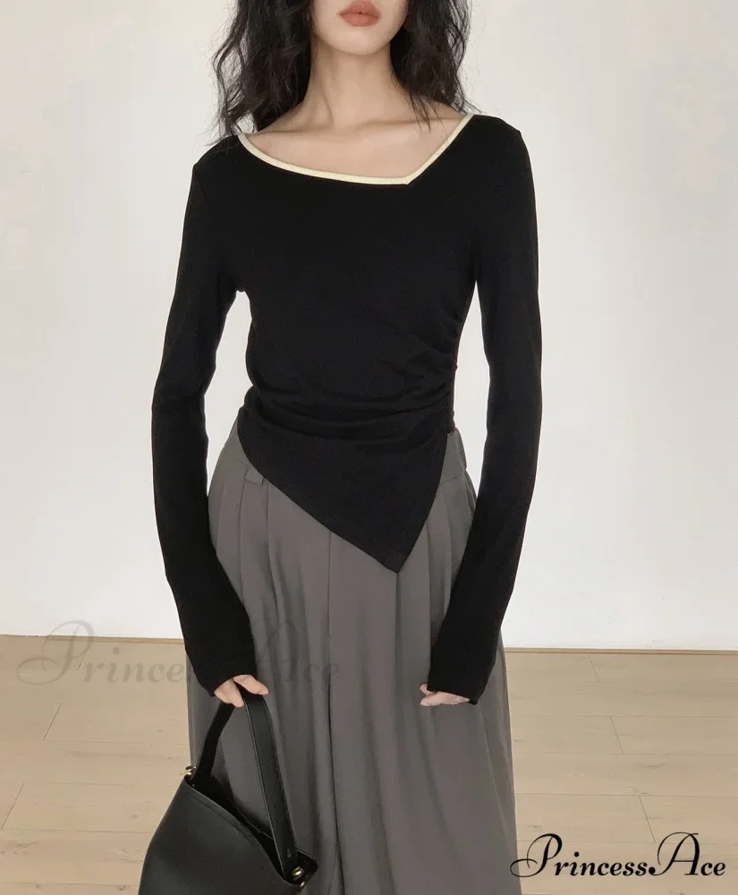 Contrast Trim Long Trendy Sleeve Asymmetrical Top - Image 2