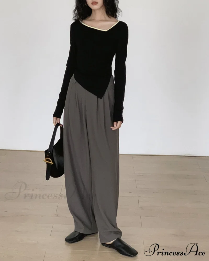 Contrast Trim Long Trendy Sleeve Asymmetrical Top - Image 4
