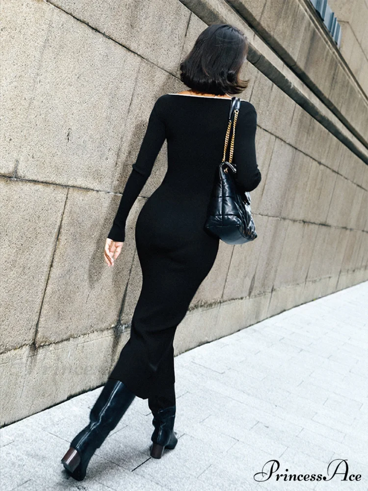 Contrast Trim Low Trendy Cut Knit Long Dress - Image 4