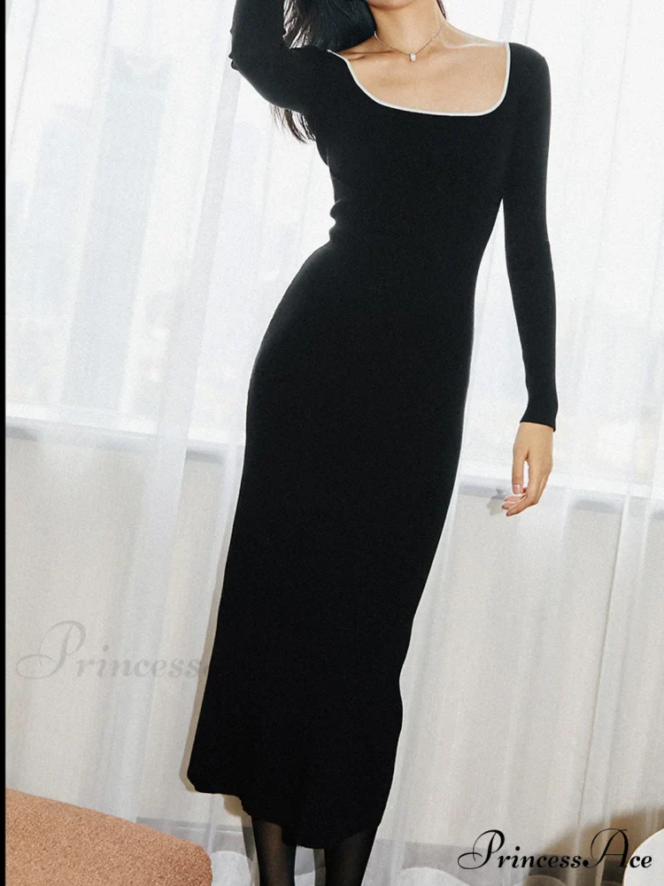 Contrast Trim Low Trendy Cut Knit Long Dress - Image 5