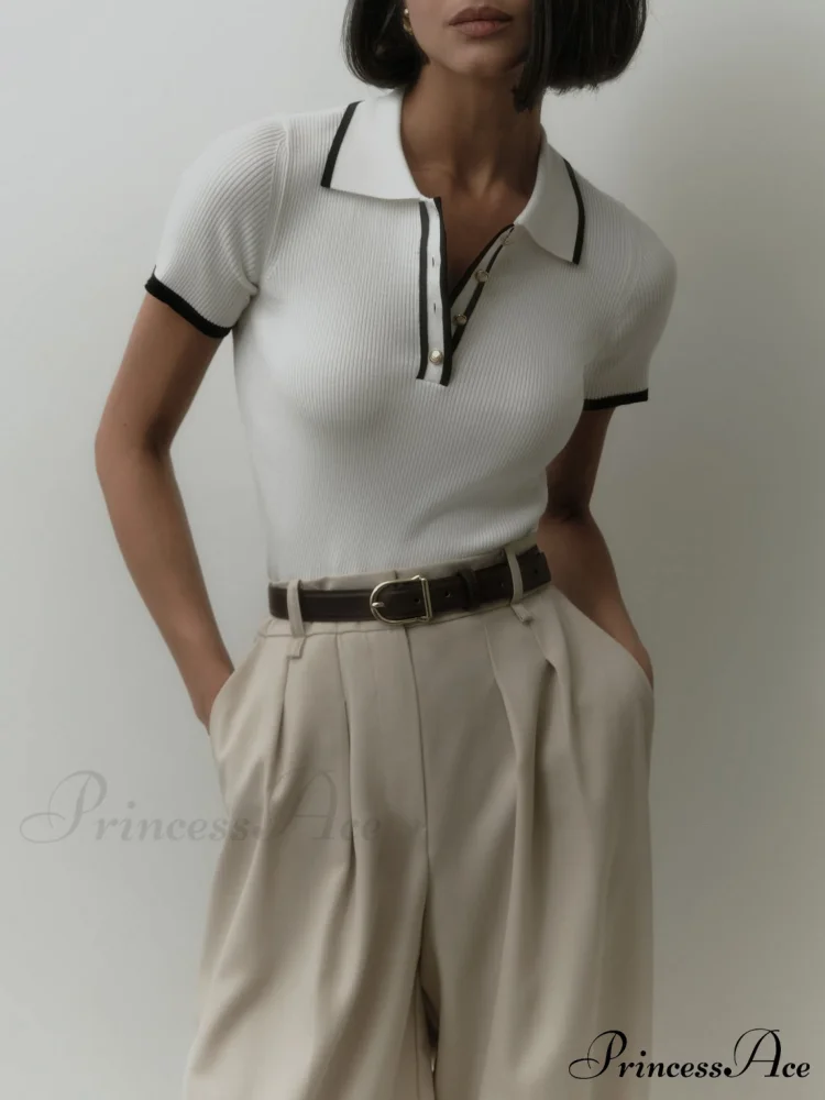 Contrast Trim Metal Trendy Button Knit Top - Image 2