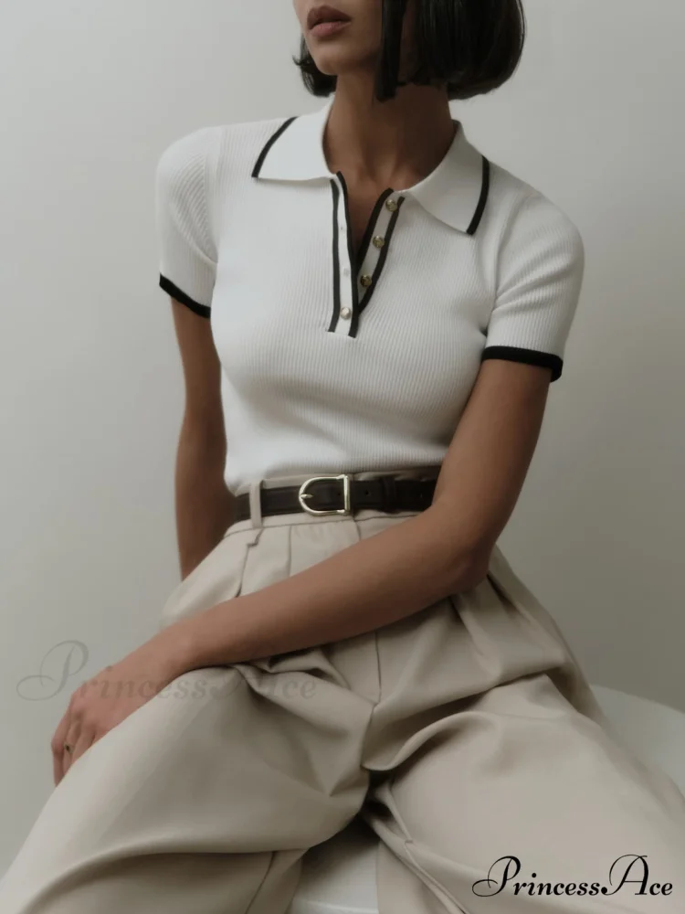 Contrast Trim Metal Trendy Button Knit Top - Image 3