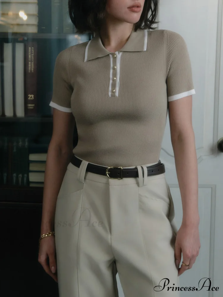 Contrast Trim Metal Trendy Button Knit Top - Image 6