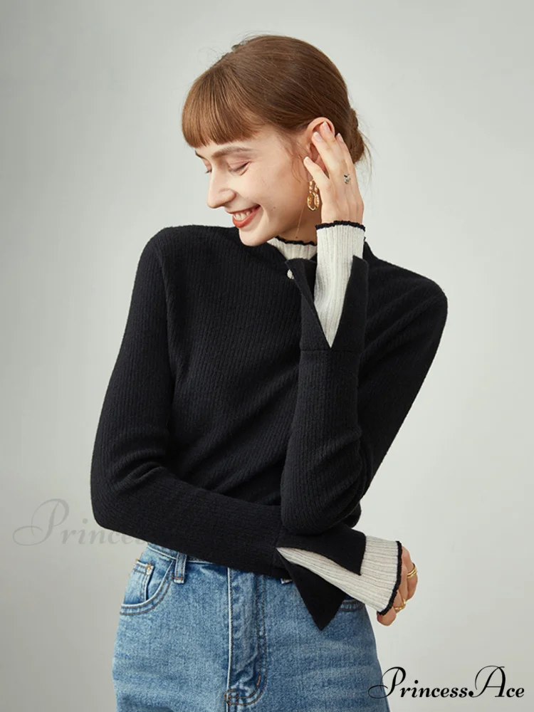 Contrast Trim Mock Trendy Neck Knit Top - Image 2