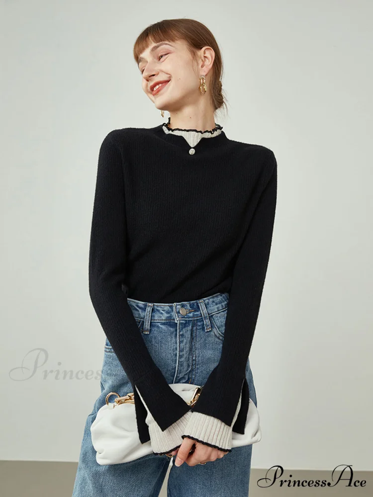 Contrast Trim Mock Trendy Neck Knit Top - Image 3