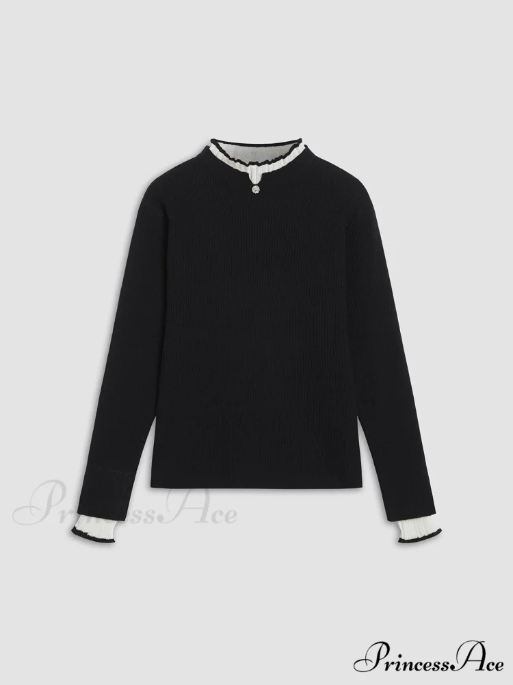 Contrast Trim Mock Trendy Neck Knit Top - Image 5