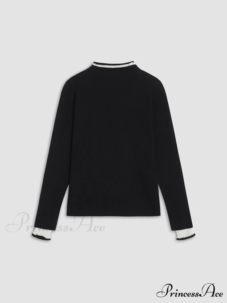 Contrast Trim Mock Trendy Neck Knit Top - Image 6
