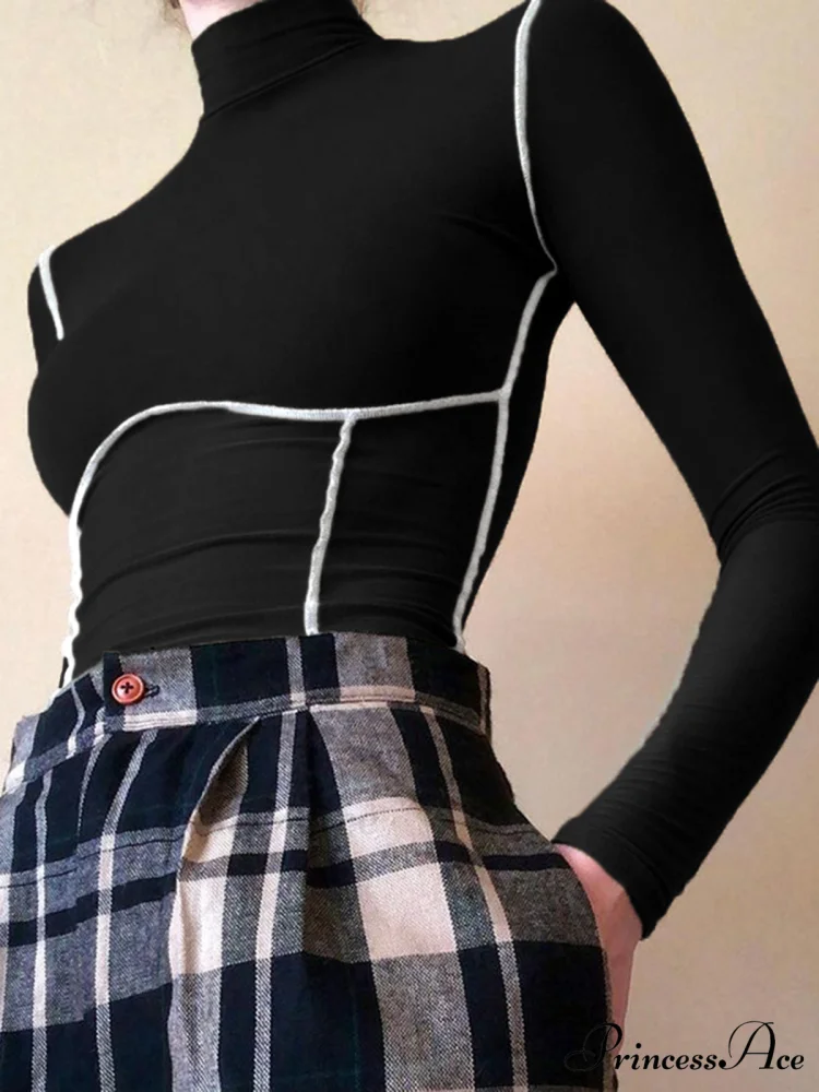 Contrast Trim Mock Trendy Neck Long Sleeve Top - Image 2