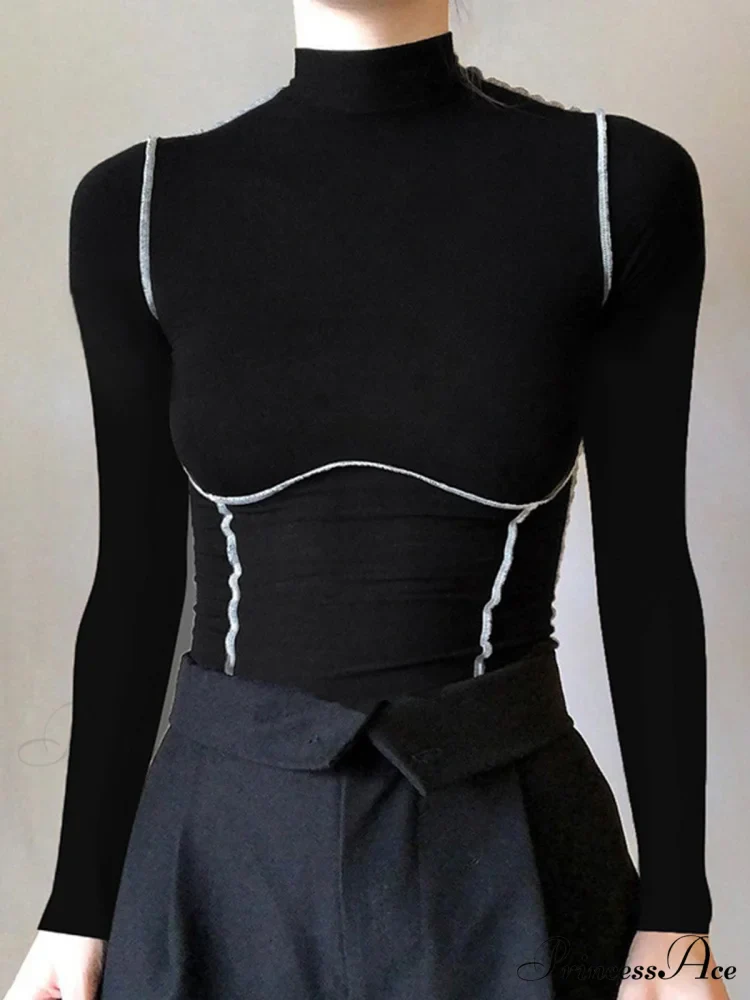 Contrast Trim Mock Trendy Neck Long Sleeve Top - Image 3
