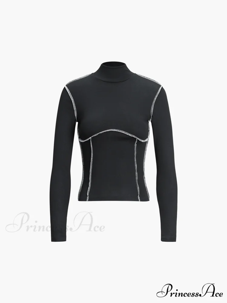 Contrast Trim Mock Trendy Neck Long Sleeve Top - Image 4