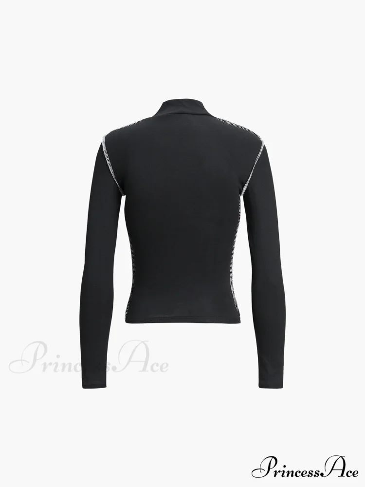 Contrast Trim Mock Trendy Neck Long Sleeve Top - Image 5