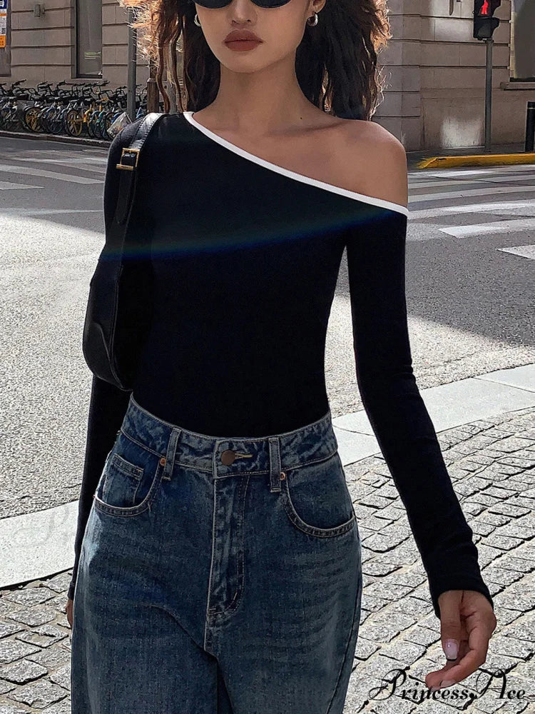 Contrast Trim Off Trendy Shoulder Long Sleeve Shirt - Image 2