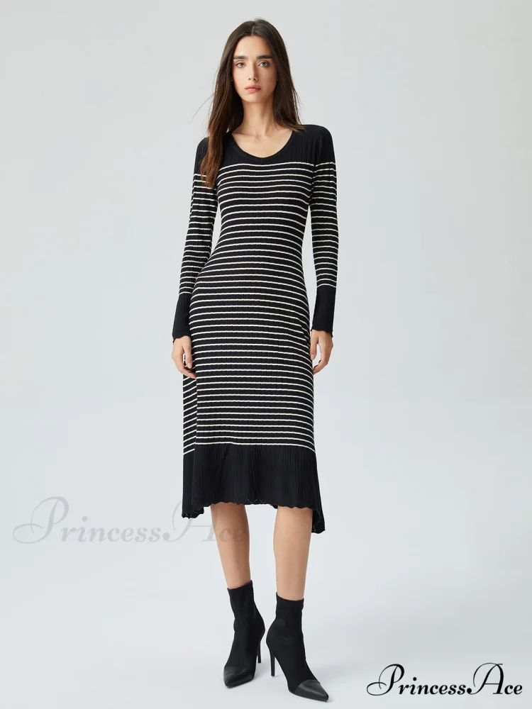 Contrast Trim Striped Crew Modern Neck Knit Sweater Dress - Image 2