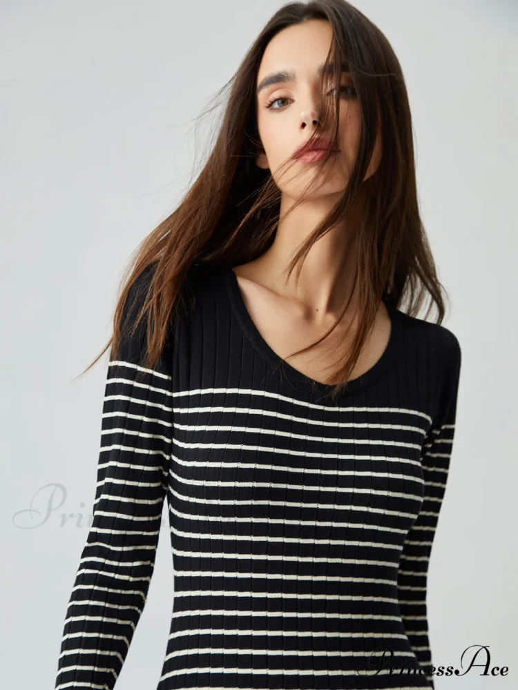 Contrast Trim Striped Crew Modern Neck Knit Sweater Dress - Image 4