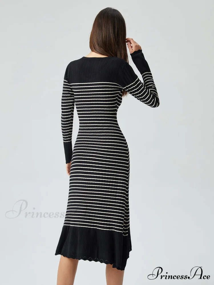 Contrast Trim Striped Crew Modern Neck Knit Sweater Dress - Image 5