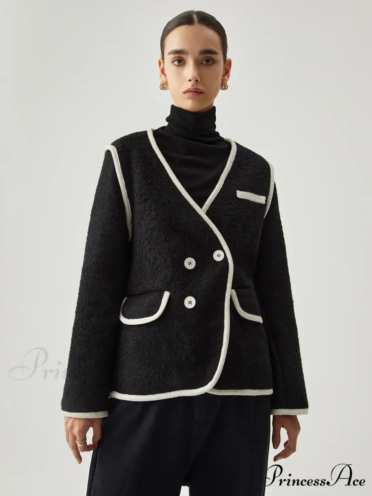 Contrast Trim Tweed Trendy Button Detail Wool Coat - Image 2