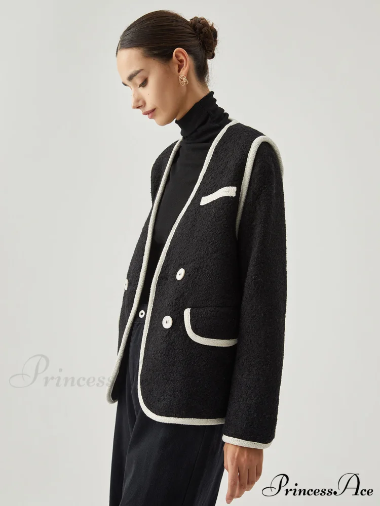 Contrast Trim Tweed Trendy Button Detail Wool Coat - Image 4