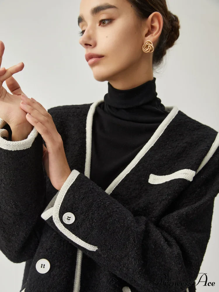Contrast Trim Tweed Trendy Button Detail Wool Coat - Image 5