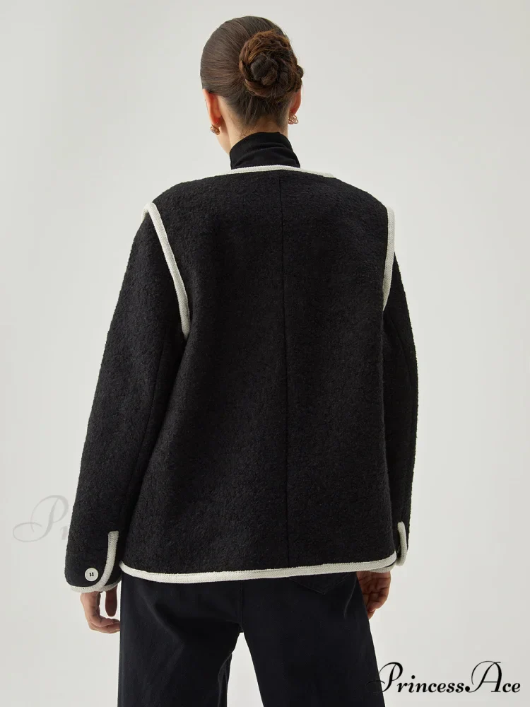 Contrast Trim Tweed Trendy Button Detail Wool Coat - Image 6