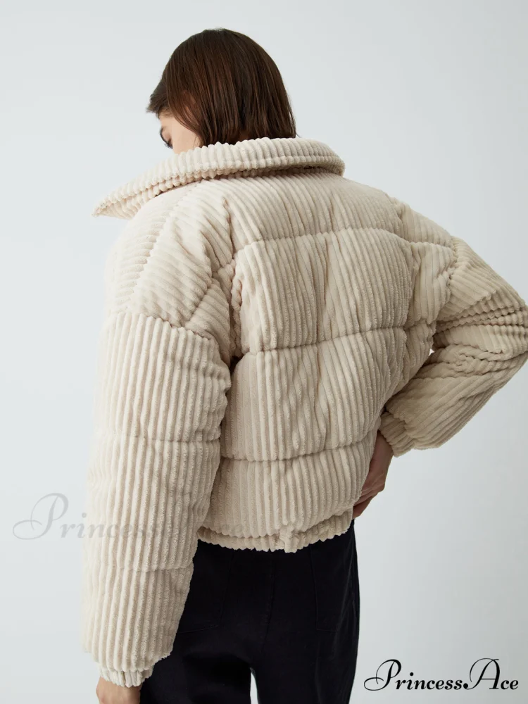Corduroy Open Graceful Collar Puffer Coat - Image 2