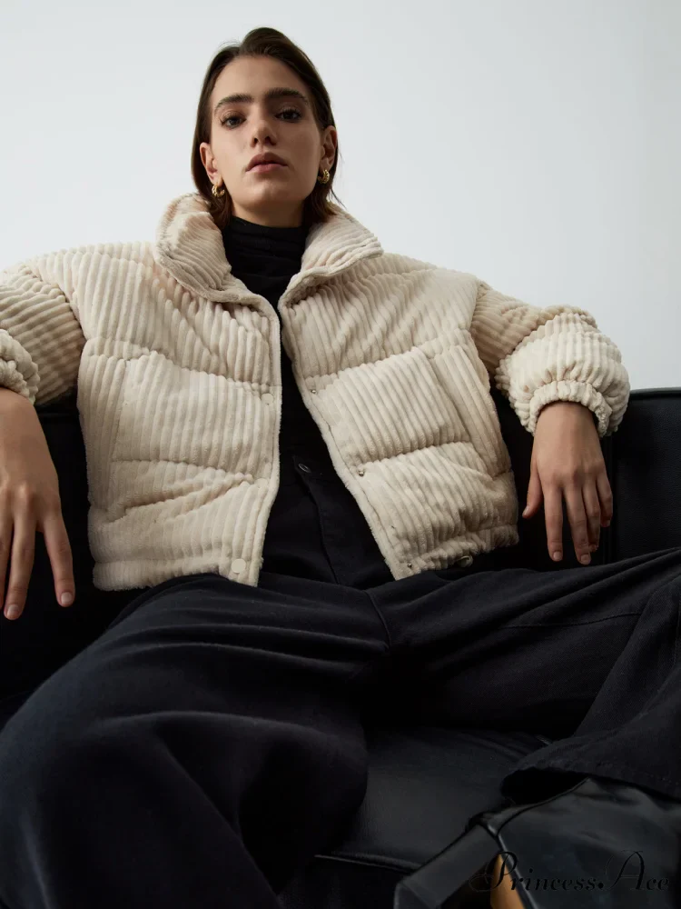Corduroy Open Graceful Collar Puffer Coat - Image 3