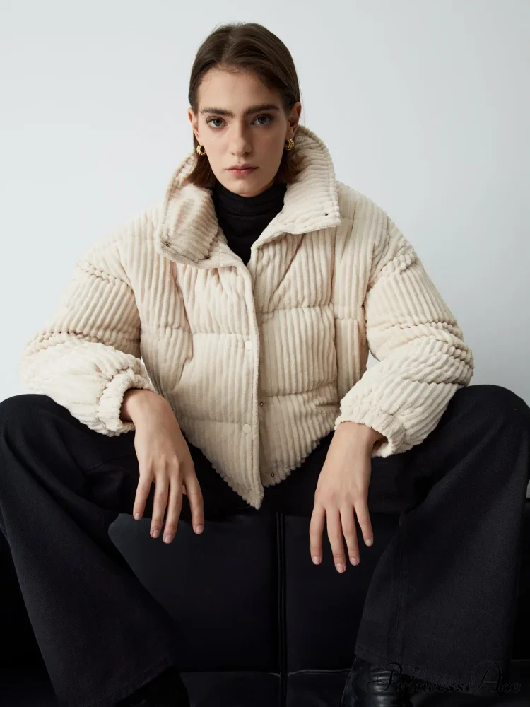 Corduroy Open Graceful Collar Puffer Coat - Image 4