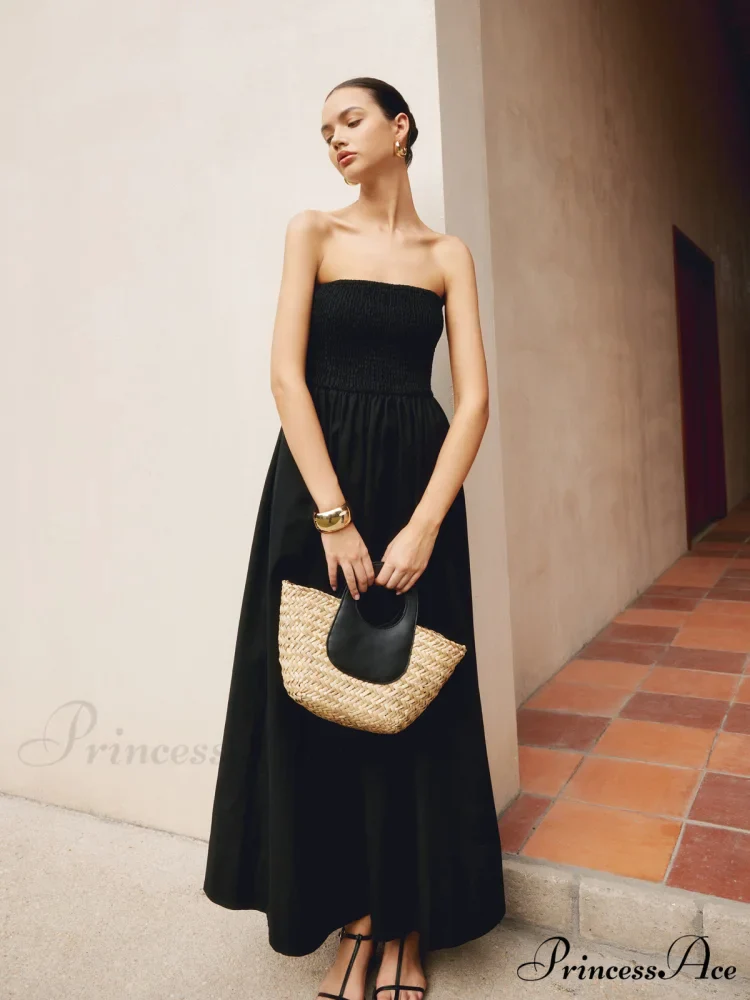 Cotton & Linen Trendy Pleat Strapless Long Dress - Image 2