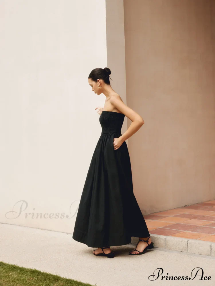 Cotton & Linen Trendy Pleat Strapless Long Dress - Image 3