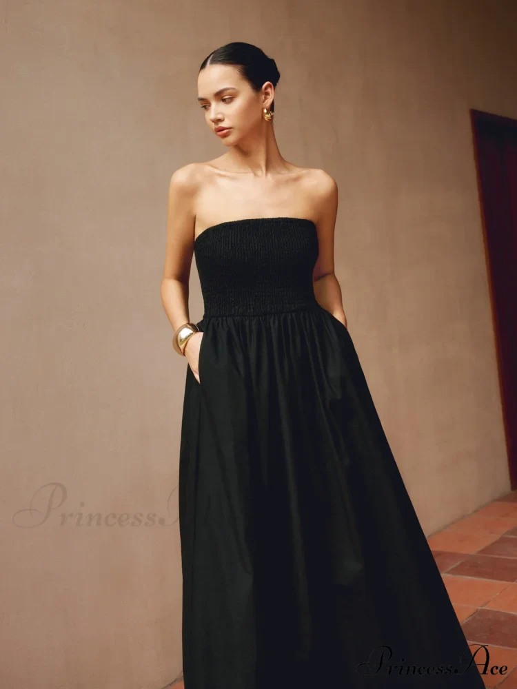 Cotton & Linen Trendy Pleat Strapless Long Dress - Image 4