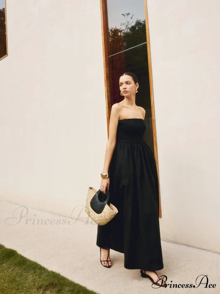 Cotton & Linen Trendy Pleat Strapless Long Dress - Image 6