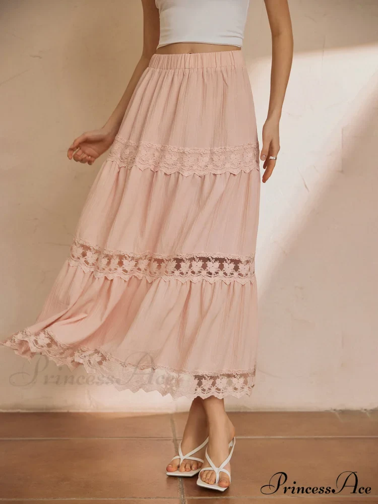 Cotton Blends Lace Trendy Trim Maxi Skirt - Image 2