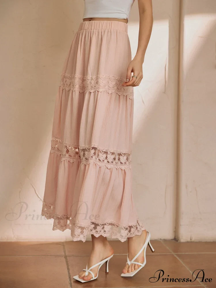 Cotton Blends Lace Trendy Trim Maxi Skirt - Image 3