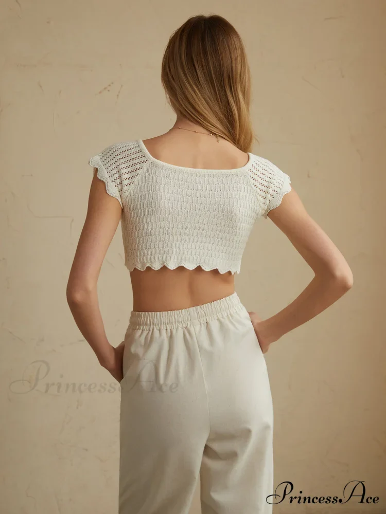 Cotton Eyelet Lettuce Trendy Trim Crop Knit Top - Image 5