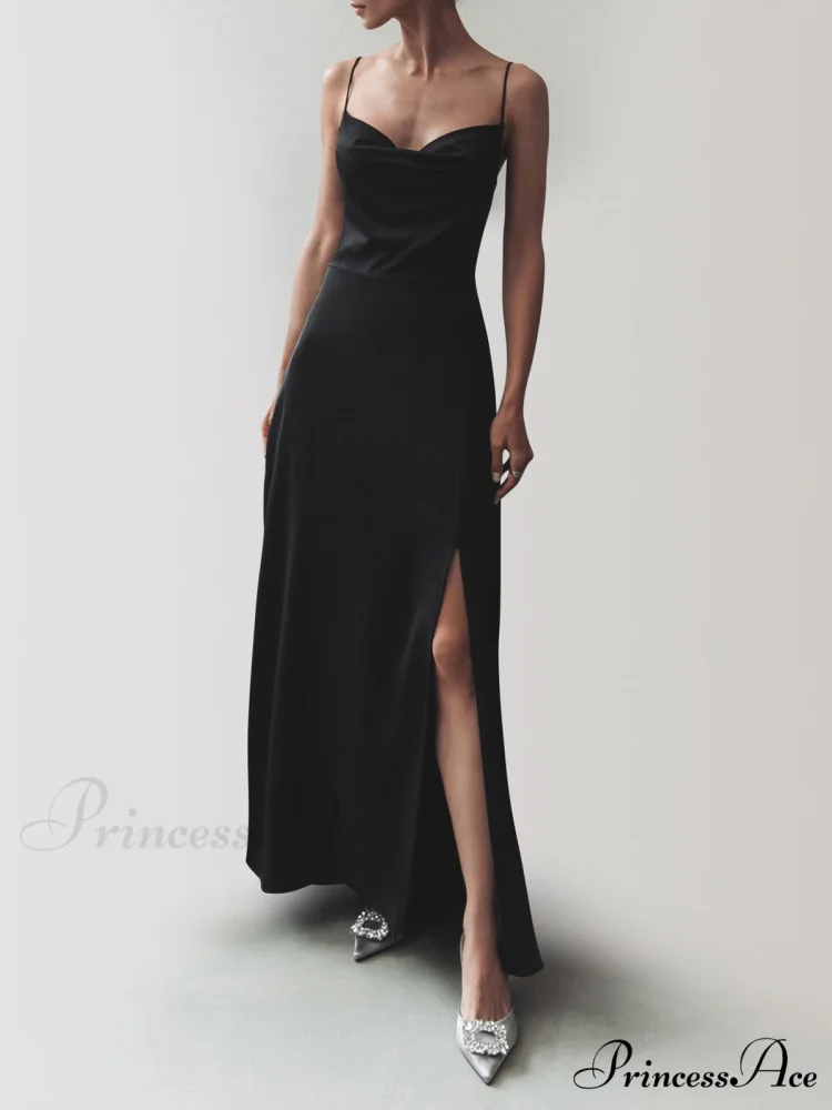 Cowl Neck Satin Trendy Slit Long Dress - Image 2
