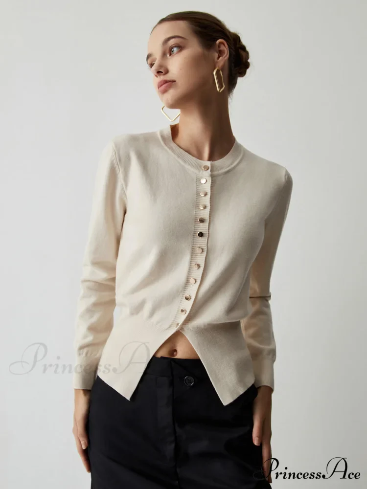 Cream Button Graceful Down Curved Cardigan - Image 2